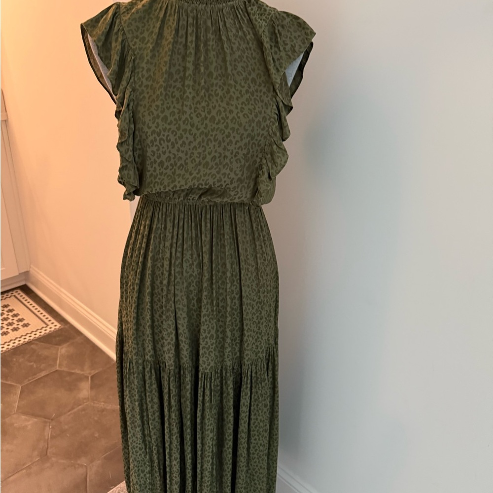 NWT Steve Madden Olive Green Leopard-Print Ruffle Maxi Dress- Green